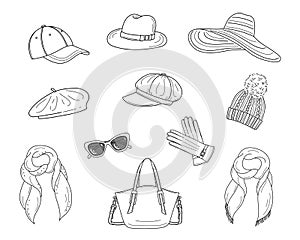 Hats collection, vector sketch illustration.