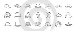 Hats doodle illustration including icons - vintage fedora, beanie, gentleman bowler, baseball cap, sun vizor, beret