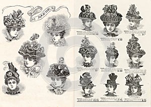 Hats elegant woman Vintage fashion magazine engraving Paris 1897