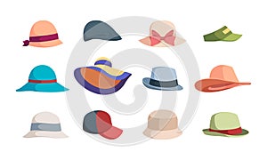 Hats. Fashioned head clothes summer caps and hats for woman garish vector illustrations collection isolated