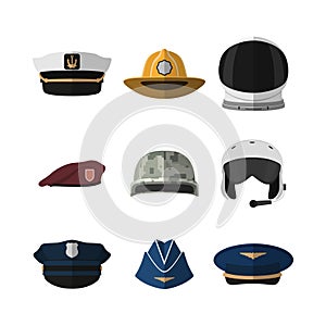 Hats and helmets. Headgear of soldier, aviator, policeman and captain. Icon of cap in flat style photo