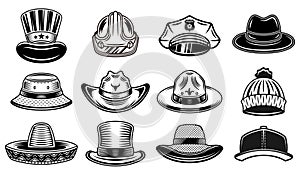 Hats set of vector objects or graphic elements in black and white style
