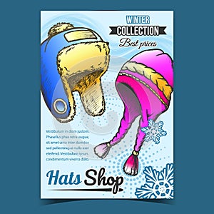 Hats Shop Winter Best Prices Promo Banner Vector