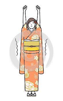 Hatsumode at New Year\'s and coming-of-age ceremonies, graduation ceremonies, weddings, etc, Woman in furisode stretching and