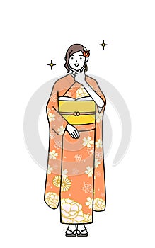 Hatsumode at New Year\'s and coming-of-age ceremonies, weddings, etc, Woman in furisode in a confident pose