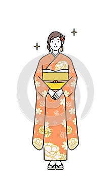 Hatsumode at New Year\'s and coming-of-age ceremonies, weddings, etc, Woman in furisode with her hands on