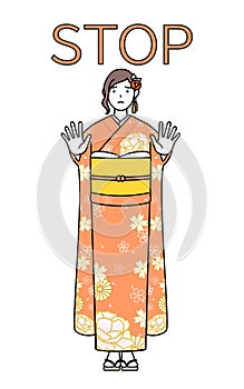 Hatsumode at New Year\'s and graduation ceremonies, weddings, etc, Woman in furisode with her hands out