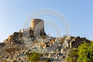 Hatta Watchtower, stone fort at the top of the hill in Hatta town, United Arab Emirates