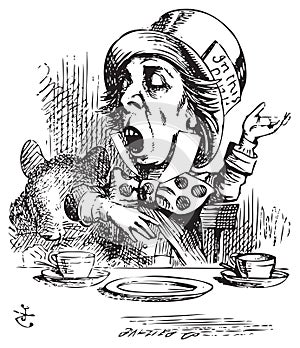 Hatter engaging in rhetoric, Alice in Wonderland original vintage engraving