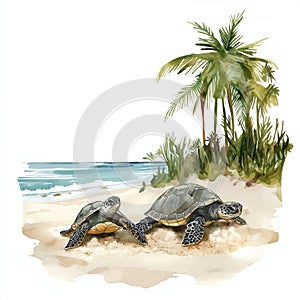 Hattes Beach - Turtle nesting. Hattes Beach - Turtle nesting hand drawn watercolor illustration