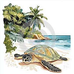 Hattes Beach - Turtle nesting. Hattes Beach - Turtle nesting hand drawn watercolor illustration