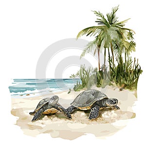 Hattes Beach - Turtle nesting. Hattes Beach - Turtle nesting hand drawn watercolor illustration