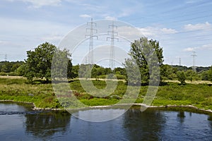 Hattingen (Germany) - Landscape with River Ruhr, trees and power poles