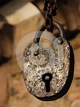 Hattingen, Germany - Old Medieval Lock Hanging on a Chain at a City Gate in the Town of Hattingen photo