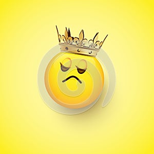 Haughty emoji with crown isolated on yellow background. Vector design element.