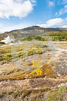 Haukadalur geyser area in Iceland in autumn