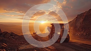 Haul truck in operation at a mine during a beautiful sunset.