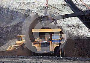 Haul Trucks being loaded with ore.