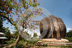 The haunches of a massive guardian lion (chinthe) .