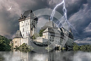 Haunted castle Karlstejn in storm