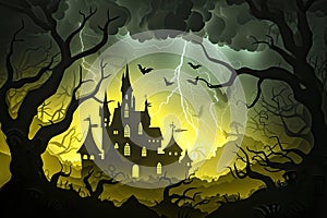 A haunted castle with ominous clouds and lightning in the background Creepy view of dark mystery castle Gothic castle at night