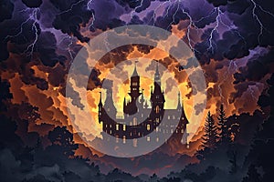 A haunted castle with ominous clouds and lightning in the background Creepy view of dark mystery castle Gothic castle at night