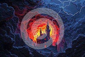 A haunted castle with ominous clouds and lightning in the background Creepy view of dark mystery castle Gothic castle at night