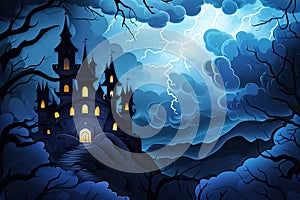 A haunted castle with ominous clouds and lightning in the background Creepy view of dark mystery castle Gothic castle at night