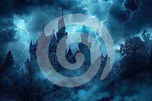 A haunted castle with ominous clouds and lightning in the background Creepy view of dark mystery castle Gothic castle at night