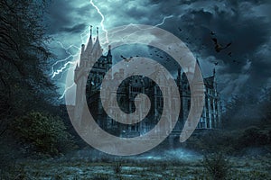 A haunted castle with ominous clouds and lightning in the background Creepy view of dark mystery castle Gothic castle at night