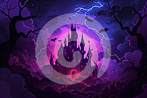 A haunted castle with ominous clouds and lightning in the background Creepy view of dark mystery castle Gothic castle at night