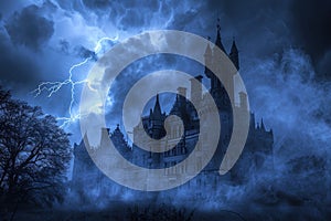 A haunted castle with ominous clouds and lightning in the background Creepy view of dark mystery castle Gothic castle at night