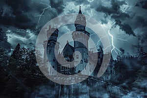 A haunted castle with ominous clouds and lightning in the background Creepy view of dark mystery castle Gothic castle at night