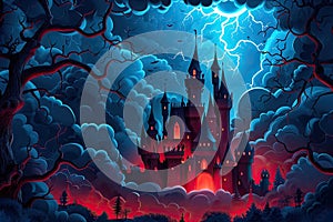 A haunted castle with ominous clouds and lightning in the background Creepy view of dark mystery castle Gothic castle at night