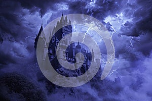 A haunted castle with ominous clouds and lightning in the background Creepy view of dark mystery castle Gothic castle at night