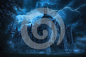 A haunted castle with ominous clouds and lightning in the background Creepy view of dark mystery castle Gothic castle at night