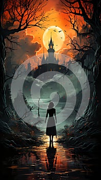Haunted castle and woman in the lake. Halloween background. Halloween concept. Generative AI.
