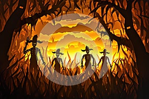 A haunted cornfield with scarecrows and eerie lighting, creating a spooky atmosphere