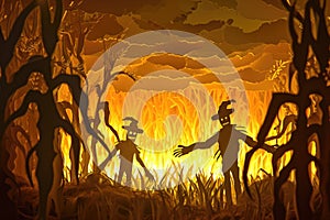 A haunted cornfield with scarecrows and eerie lighting, creating a spooky atmosphere