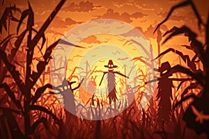 A haunted cornfield with scarecrows and eerie lighting, creating a spooky atmosphere