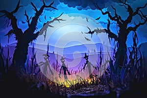 A haunted cornfield with scarecrows and eerie lighting, creating a spooky atmosphere