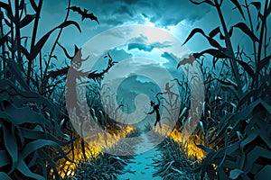 A haunted cornfield with scarecrows and eerie lighting, creating a spooky atmosphere