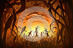 A haunted cornfield with scarecrows and eerie lighting, creating a spooky atmosphere