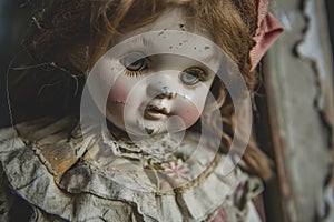 A haunted doll with cracked porcelain and a ghostly presence Old mystical scary horror doll