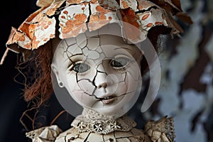 A haunted doll with cracked porcelain and a ghostly presence Old mystical scary horror doll