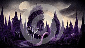 Haunted forest creepy landscape illustration. Fantasy surreal Halloween forest background photo