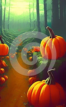 Haunted forest with pumpkins - Halloween landscape