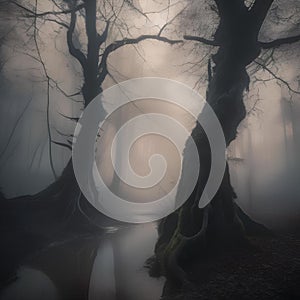 Haunted forest, Spooky forest shrouded in mist with gnarled trees and glowing eyes peering from the shadows1