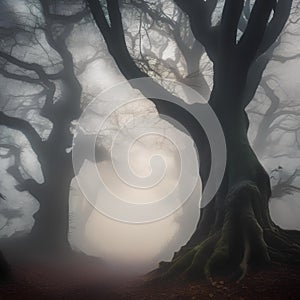 Haunted forest, Spooky forest shrouded in mist with gnarled trees and glowing eyes peering from the shadows2