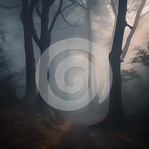 Haunted forest, Spooky forest shrouded in mist with gnarled trees and glowing eyes peering from the shadows2